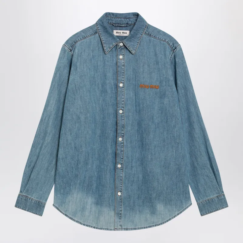 Bleached Cotton Chambray Shirt In Light Blue made by Miu Miu