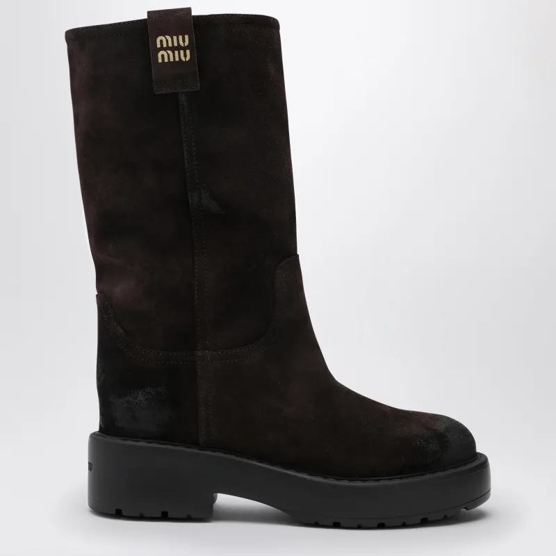 Dark Brown Suede Leather Boot made by Miu Miu