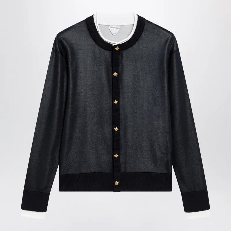 Midnight Blue/White Double-Knit Silk Cardigan made by Bottega Veneta