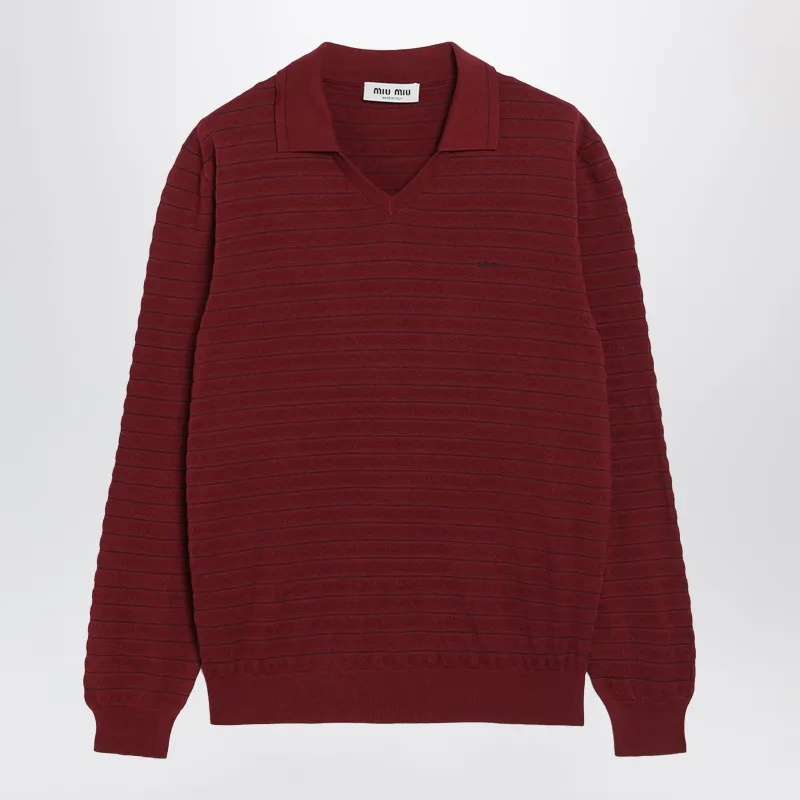 Striped Cotton Piqué Polo Sweater In Burgundy made by Miu Miu
