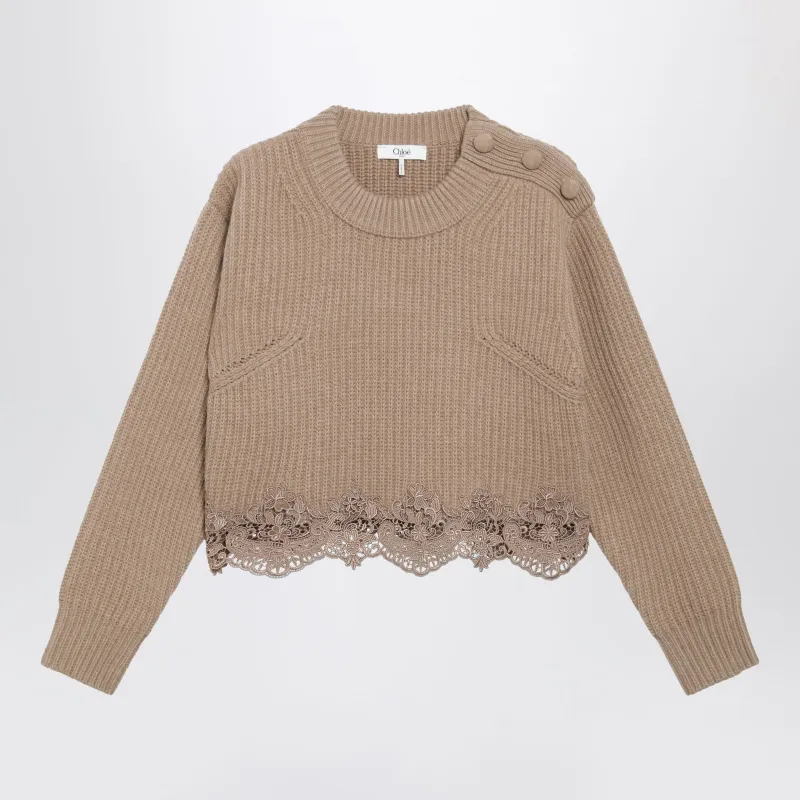 Cropped Turtleneck Sweater In Wool-Cashmere Bleached Brown made by Chloe