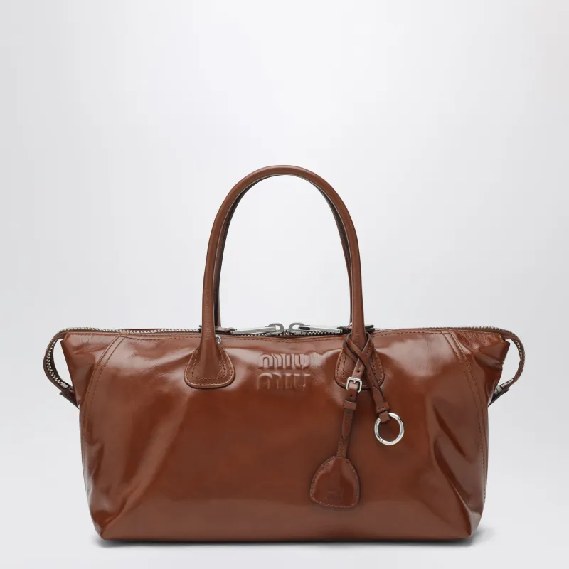 Brown Glossy Leather Top Handle Bag made by Miu Miu