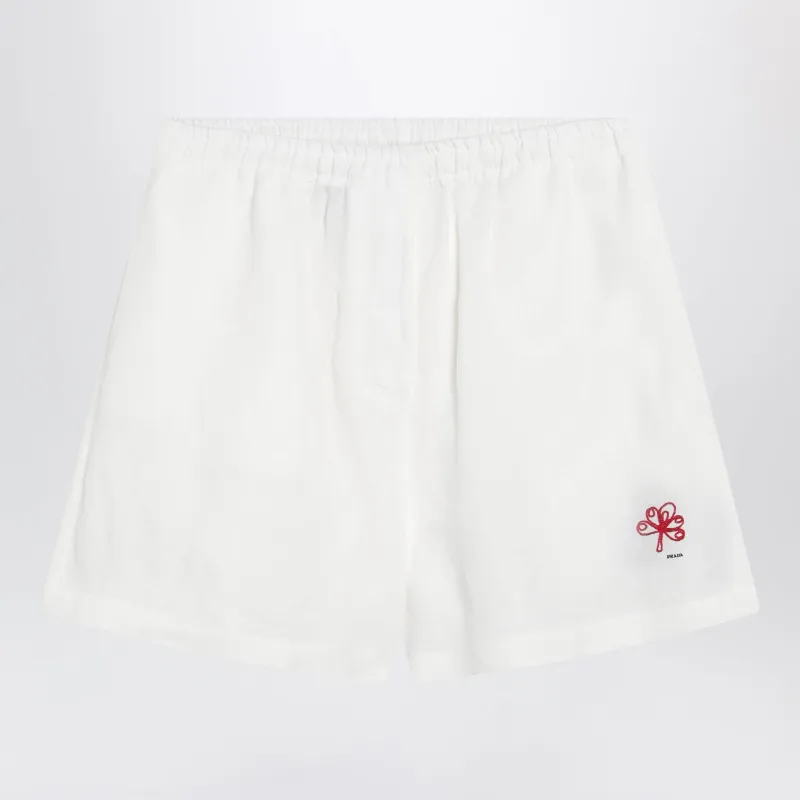 White Embroidered Linen Shorts made by Prada