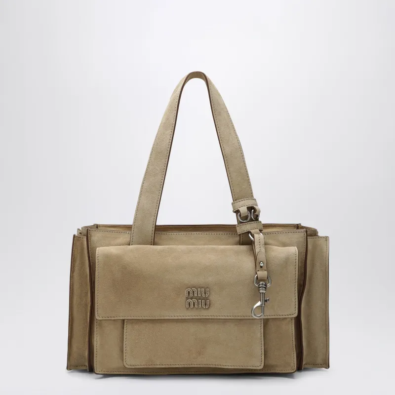 Ecru Suede Utilitaire Satchel made by Miu Miu