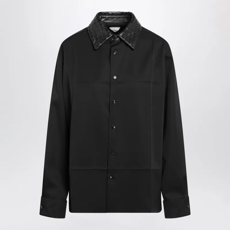 Light Wool Twill Shirt With Braided Leather Collar, Black made by Bottega Veneta