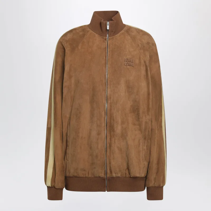 Waxed Suede Leather Jacket In Cognac made by Miu Miu