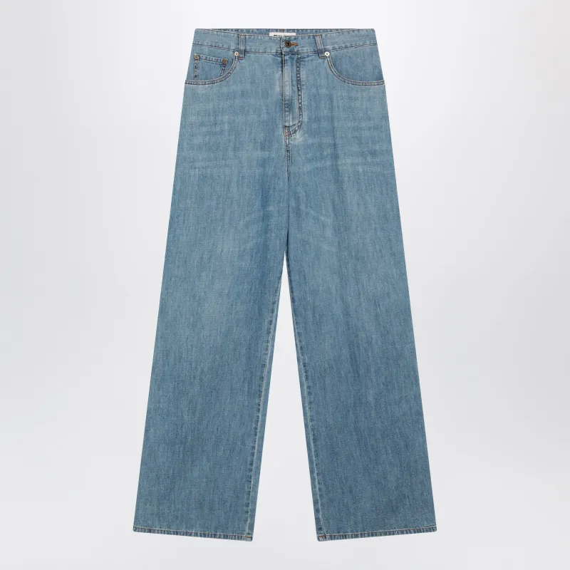 High-Waisted Wide-Leg Chambray Pants In Light Blue made by Miu Miu