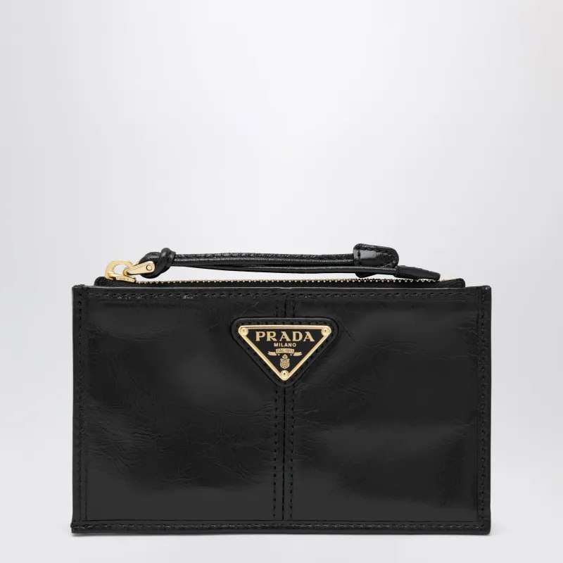 Zip Card Holder In Polished Calf Leather, Black made by Prada