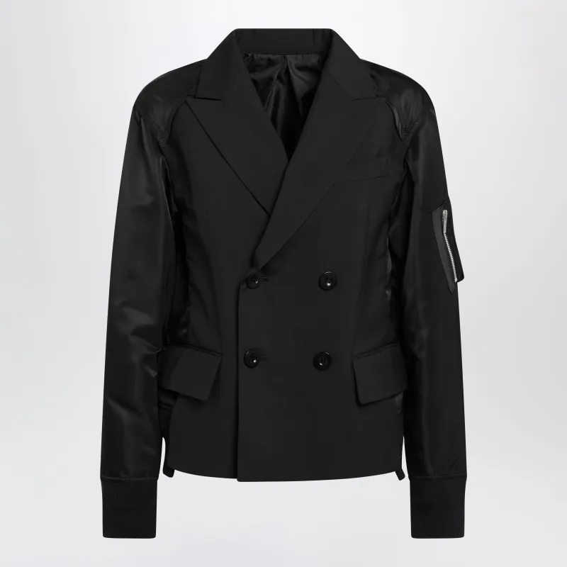 Black Double-Breasted Wool And Nylon Blend Jacket made by Sacai