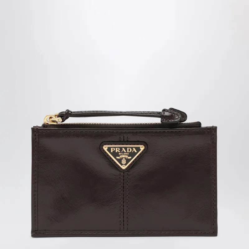 Dark Brown Calf Leather Zip Card Holder made by Prada