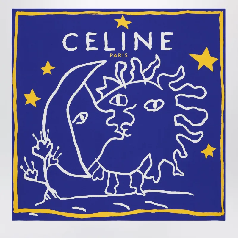 Blue/White/Yellow Silk Twill Scarf made by Celine