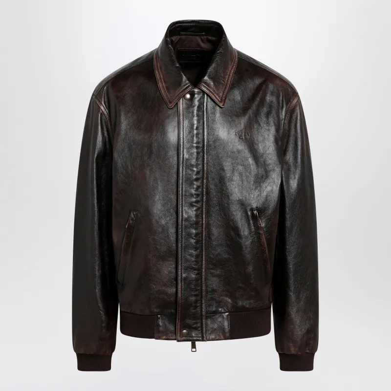 Vintage Nappa Leather Bomber Jacket In Dark Brown made by Prada