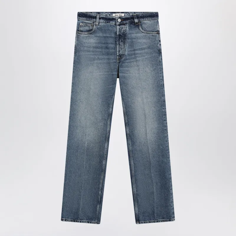 Stone-Washed Denim Trousers In Blue Cotton made by Miu Miu