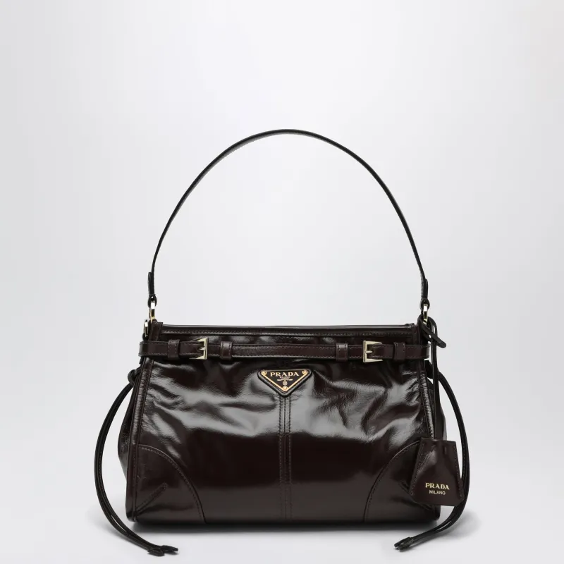 Bonnie Small Hobo Handbag In Calf Leather, Dark Brown made by Prada