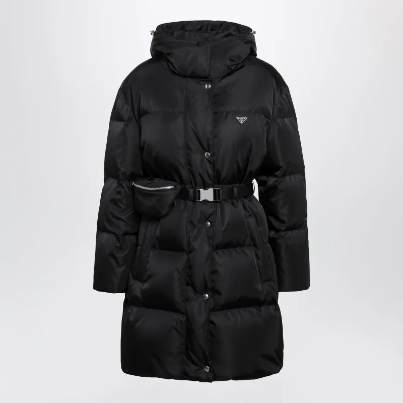 Black Re-Nylon Long Down Jacket With Belt Bag made by Prada