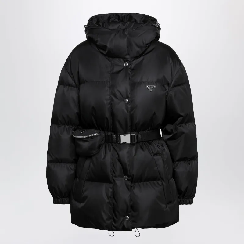 Re-Nylon Hooded Padded Jacket With Front Pouch, Black made by Prada
