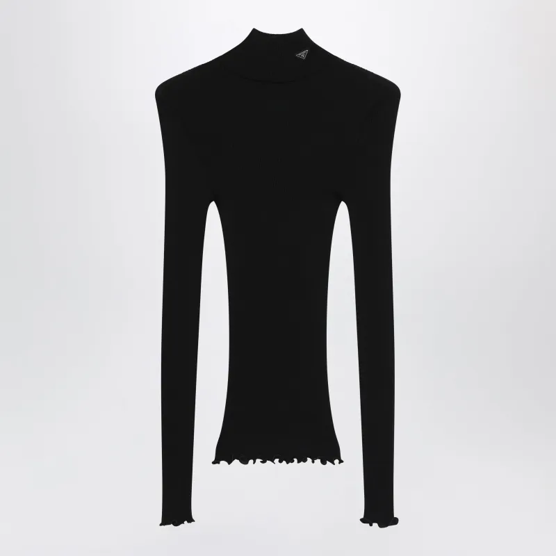 Black Ribbed Turtleneck Sweater With Triangle Logo made by Prada