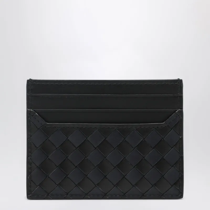 Woven Leather Card Holder In Black And Blue made by Bottega Veneta