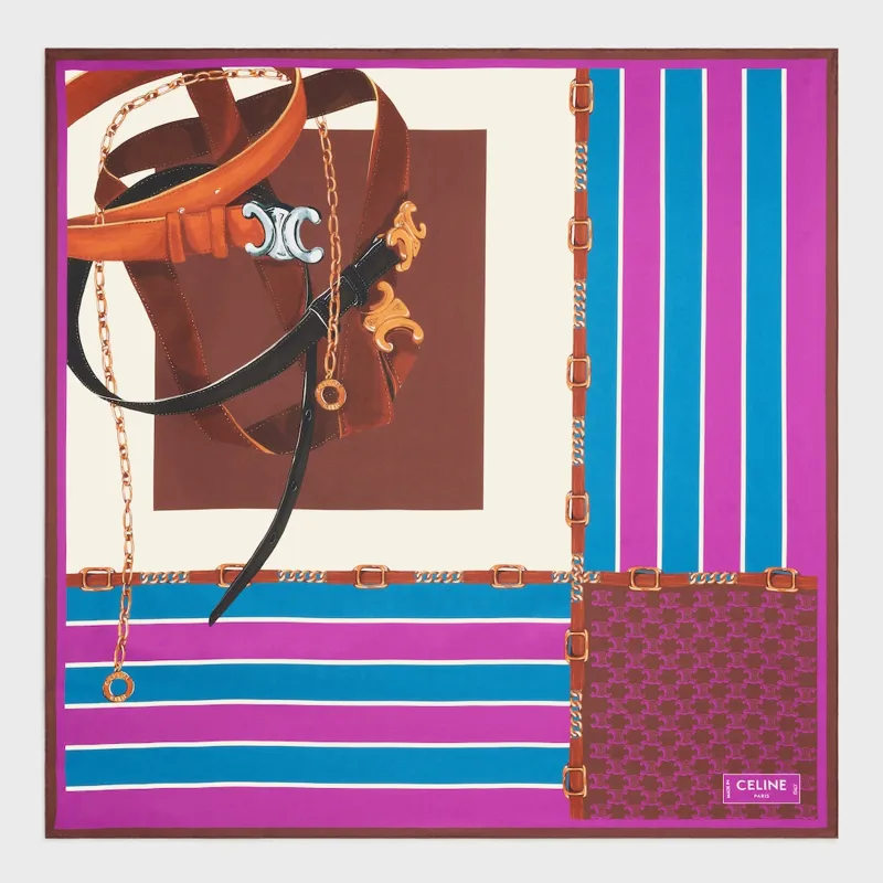 Silk Twill Foulard In Bordeaux/Blue/White made by Celine