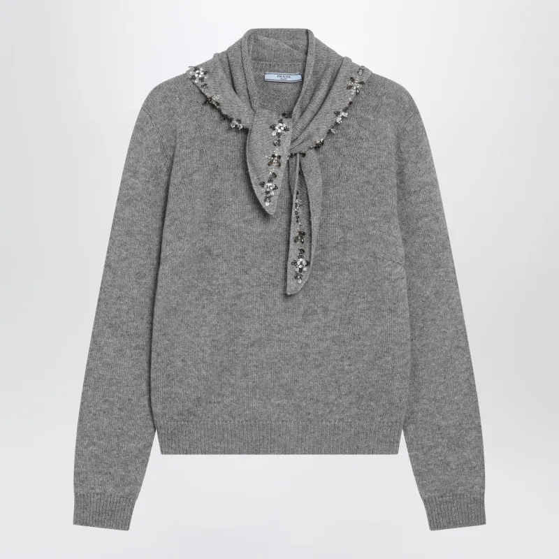 Grey Cashmere Sweater With Jeweled Scarf made by Prada