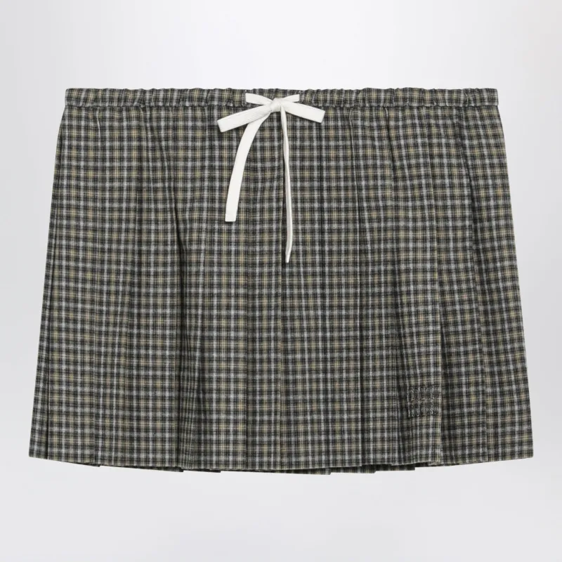Grey/Sand Checked Pleated Mini Skirt made by Miu Miu