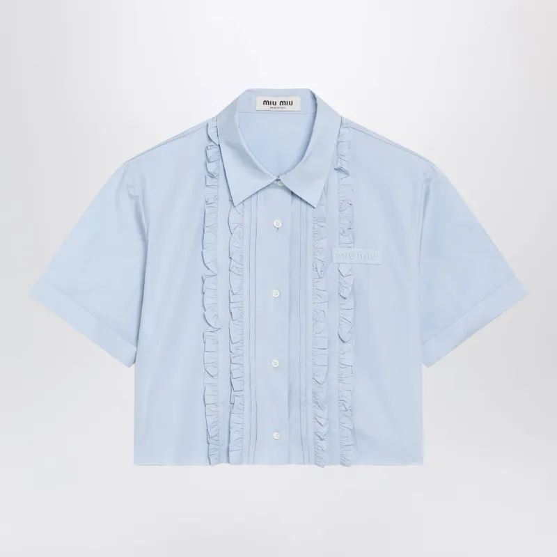 Light Blue Cropped Poplin Shirt With Ruffles made by Miu Miu