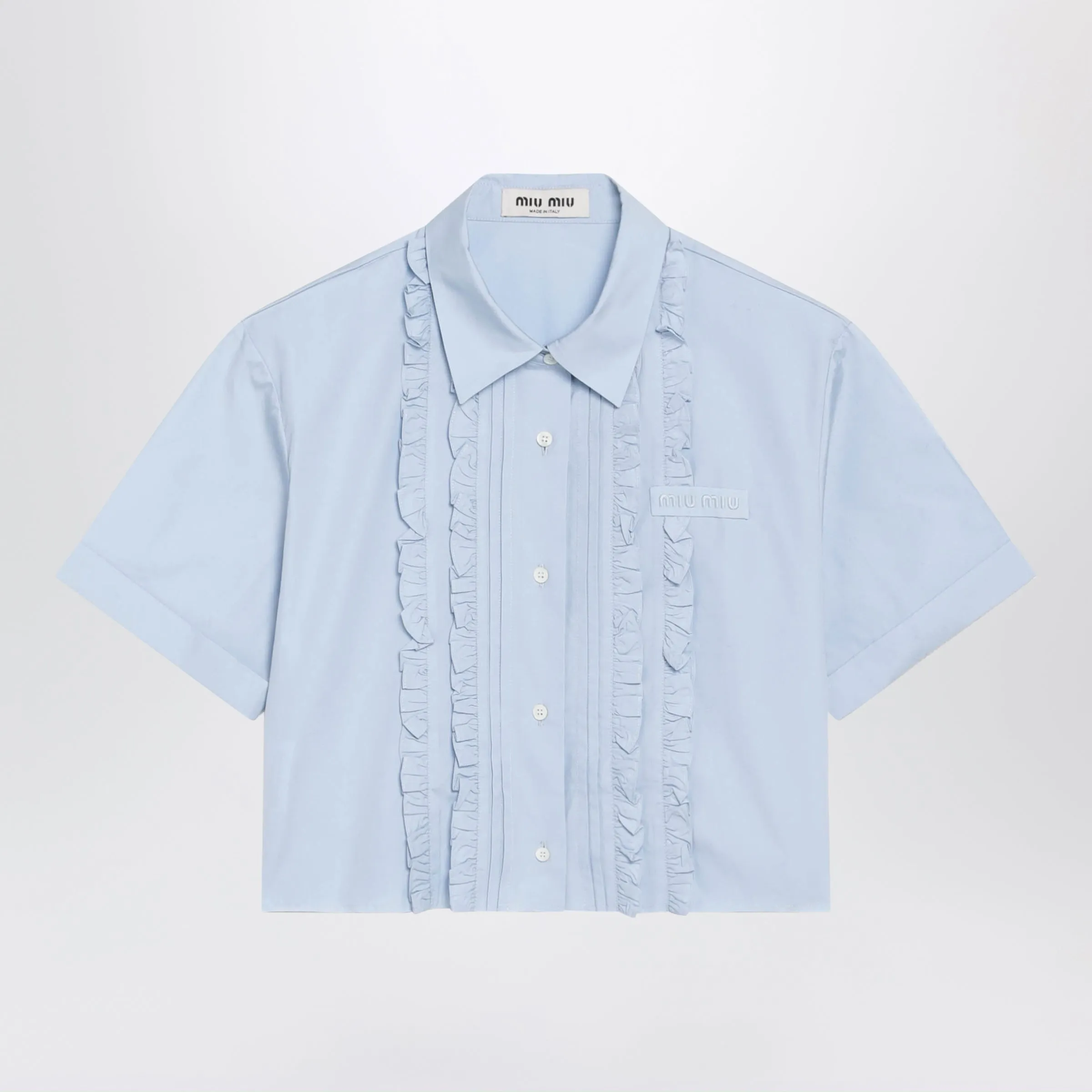 Light Blue Cropped Poplin Shirt With Ruffles sold by Wanan Luxury