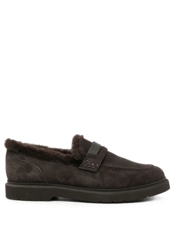 Suede Penny Loafers With Shearling Lining And Precious Insert made by Brunello Cucinelli