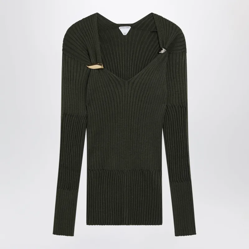 Ribbed Cashmere-Silk Sweater With Prisma Brooches Green made by Bottega Veneta