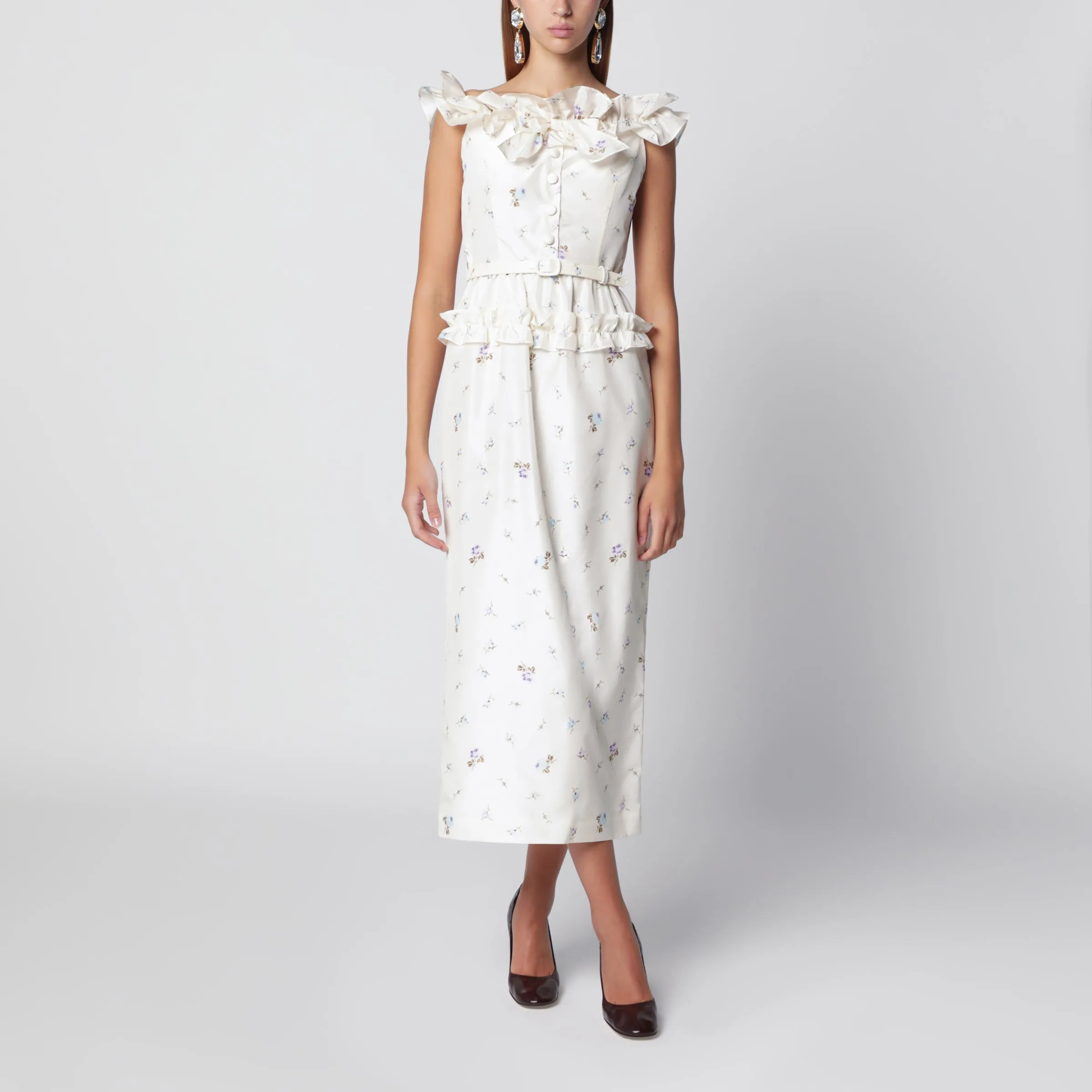 White Silk Midi Dress With Floral Pattern sold by Wanan Luxury