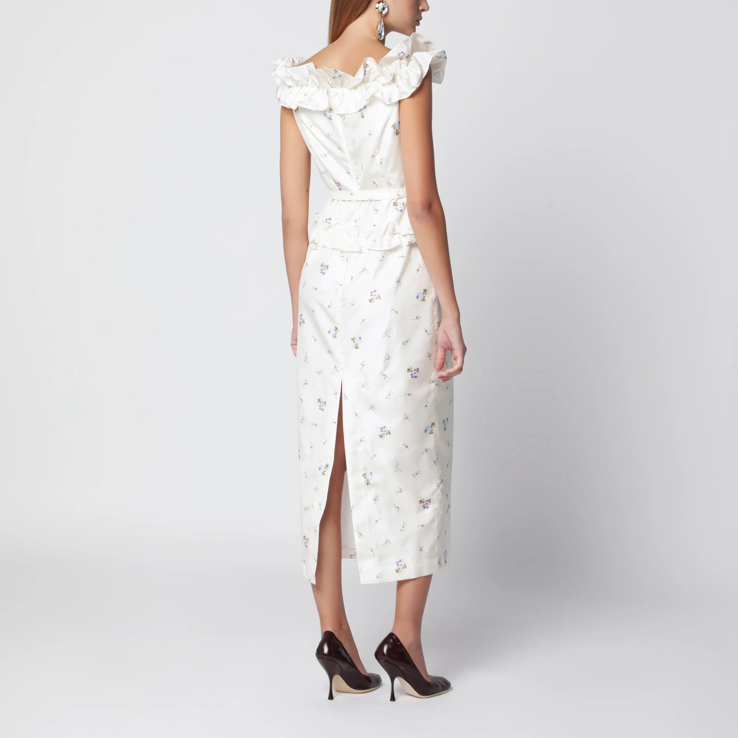 White Silk Midi Dress With Floral Pattern sold by Wanan Luxury product image thumbnail 3