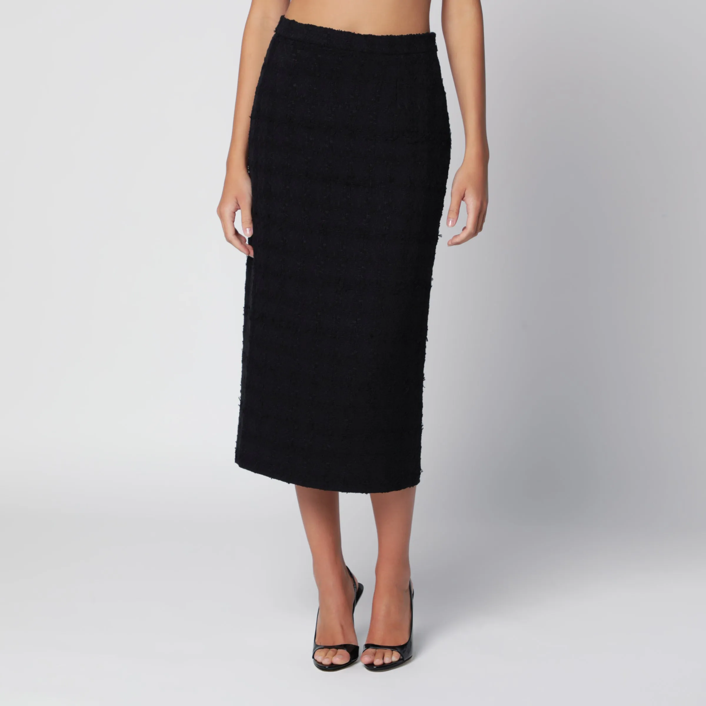 Black Bouclé Tweed Midi Skirt sold by Wanan Luxury
