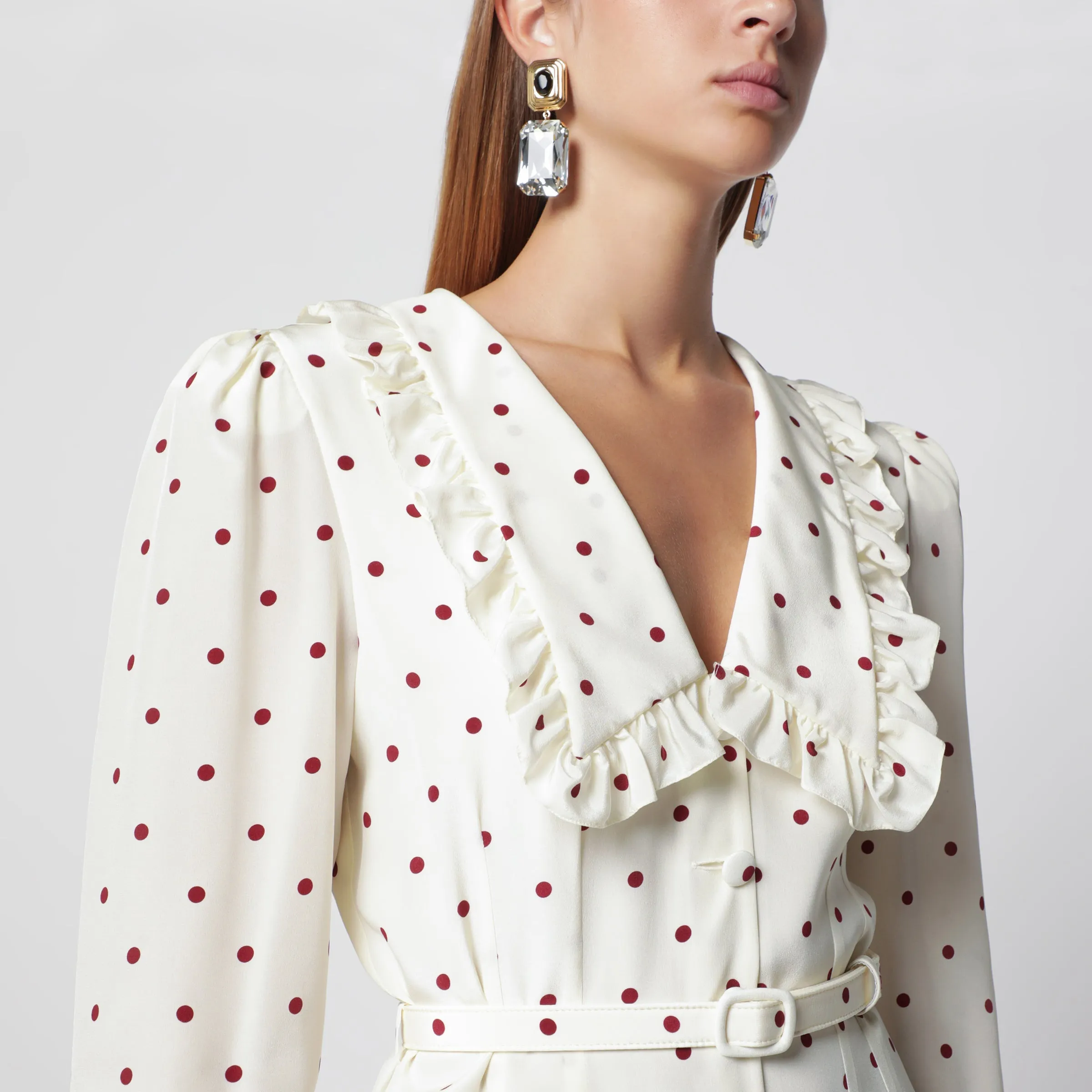 Cream Silk Midi Dress With Burgundy Polka Dots sold by Wanan Luxury product image thumbnail 2