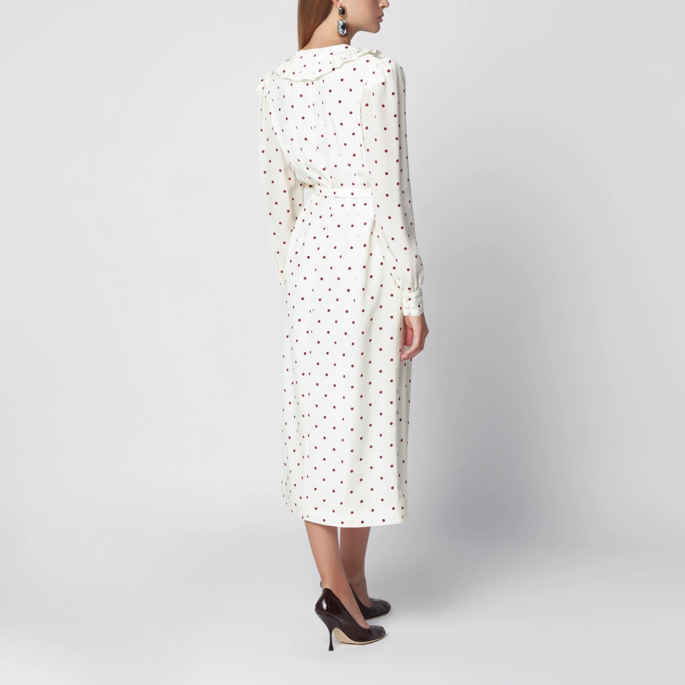 Cream Silk Midi Dress With Burgundy Polka Dots sold by Wanan Luxury product image thumbnail 3