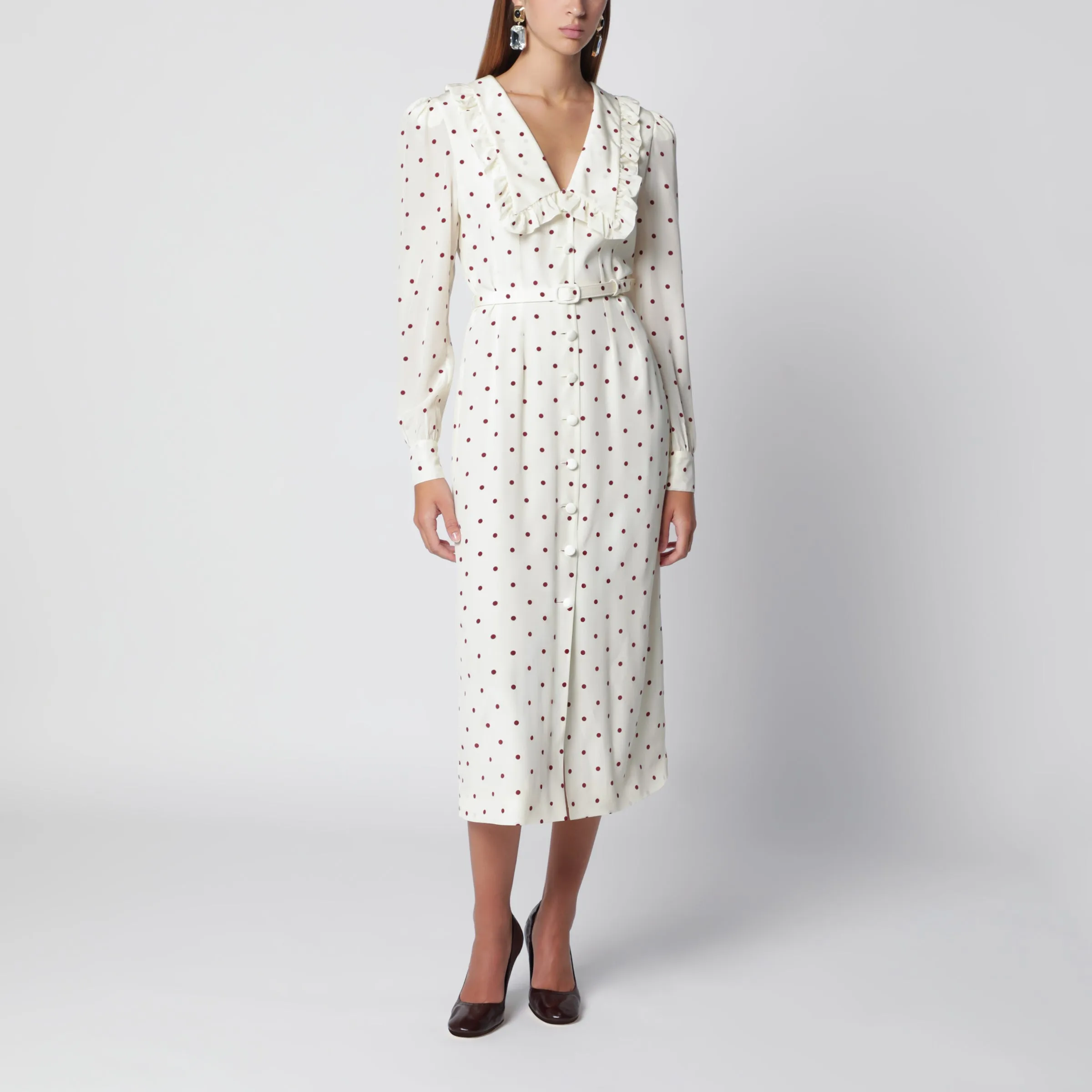 Cream Silk Midi Dress With Burgundy Polka Dots sold by Wanan Luxury