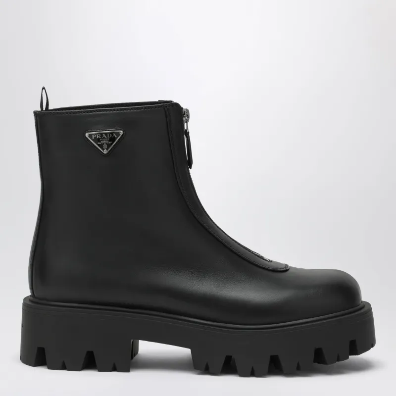Black Leather Zip-Up Ankle Boots made by Prada