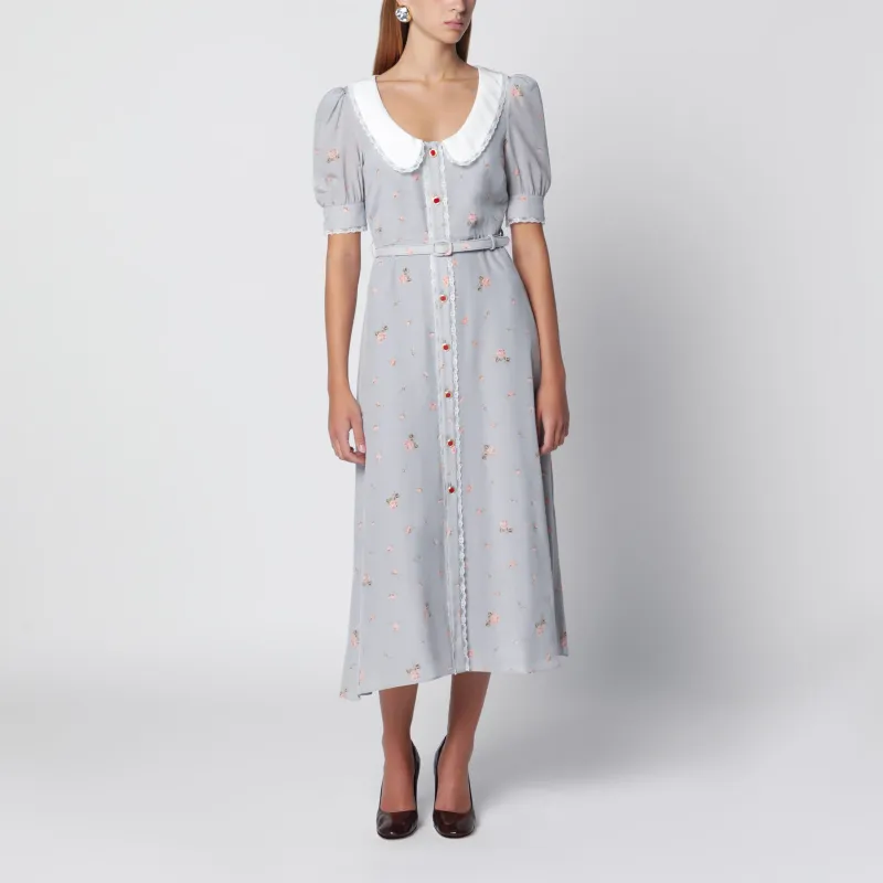 Grey/Pink Floral-Print Silk Midi Dress made by Alessandra Rich