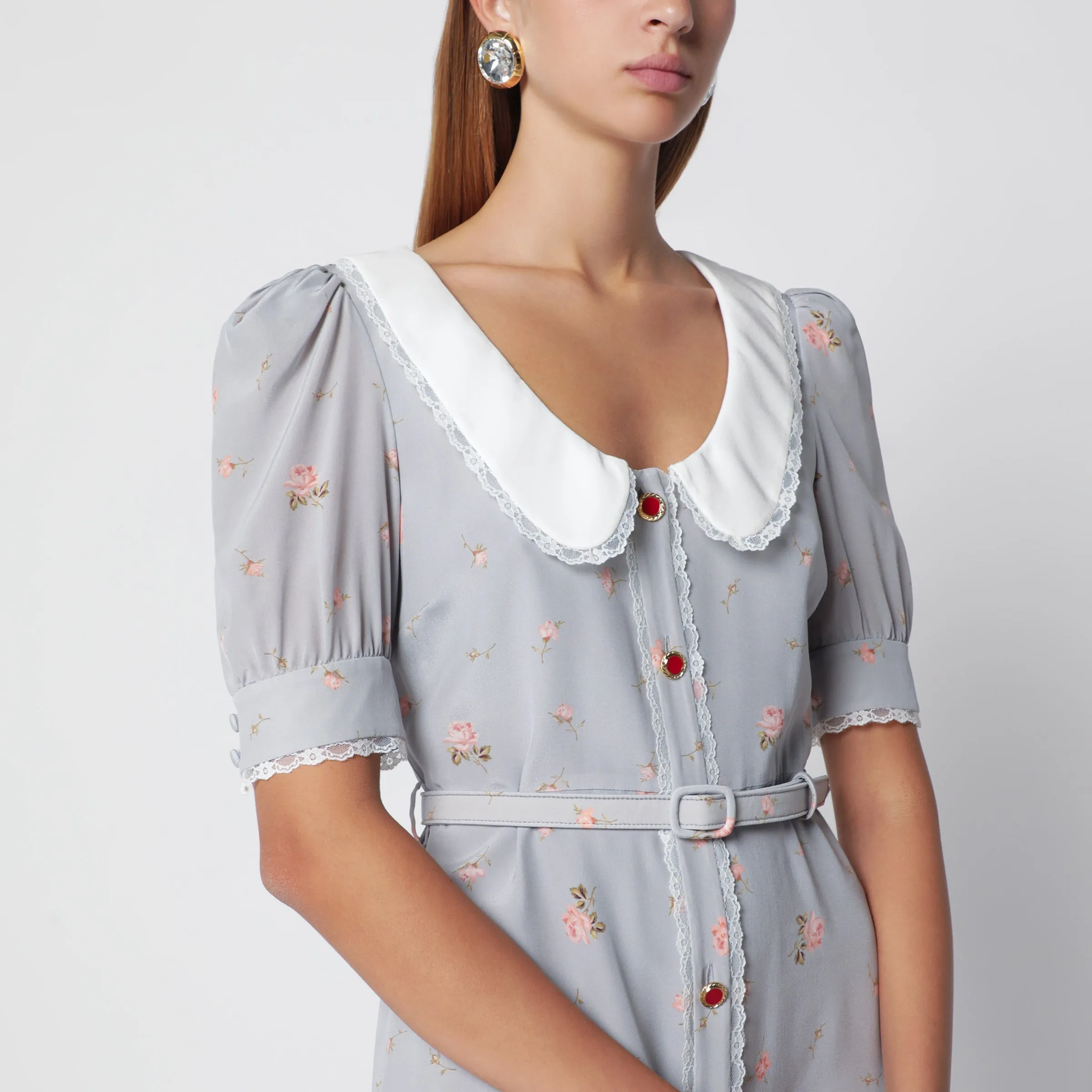 Grey/Pink Floral-Print Silk Midi Dress sold by Wanan Luxury product image thumbnail 2