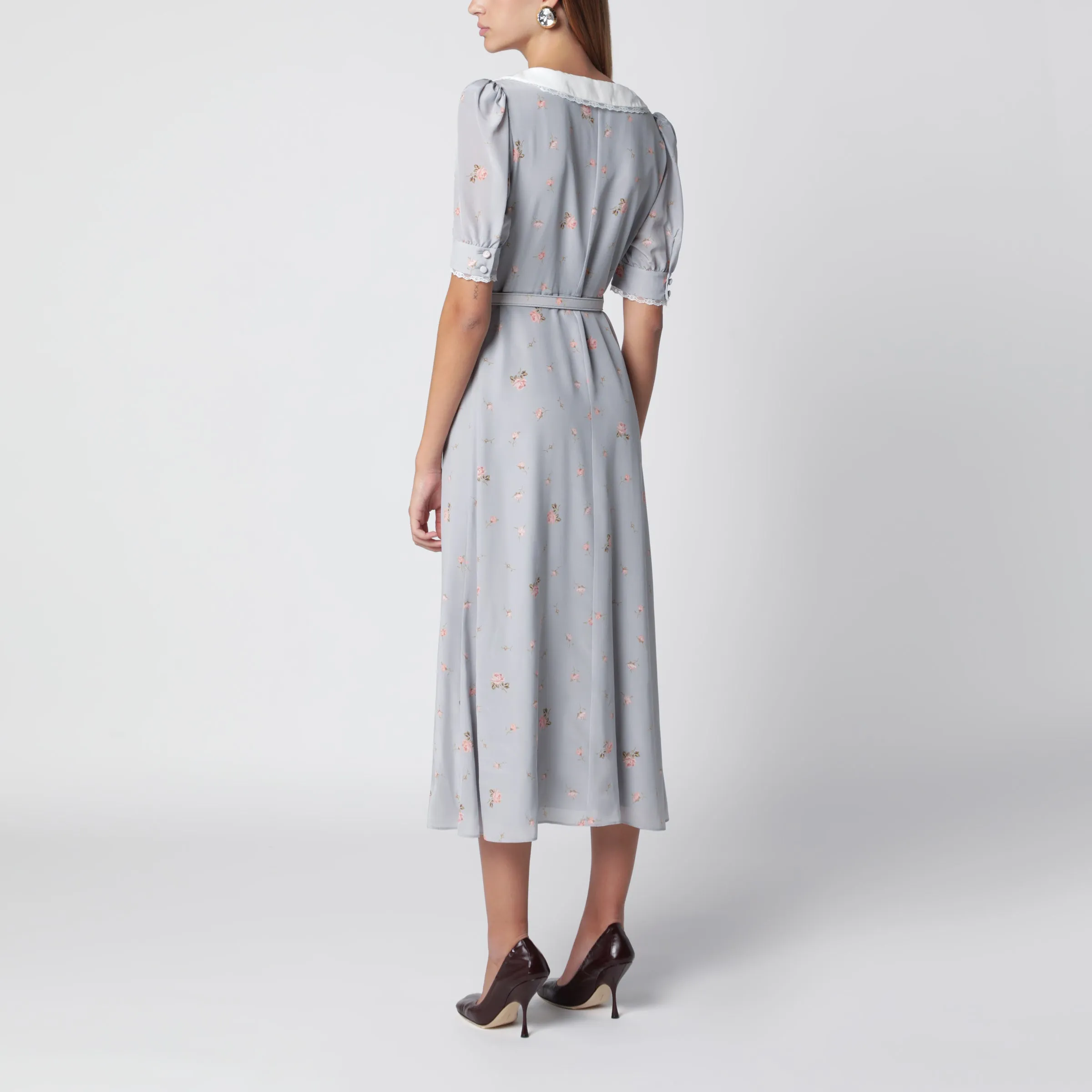 Grey/Pink Floral-Print Silk Midi Dress sold by Wanan Luxury product image thumbnail 3