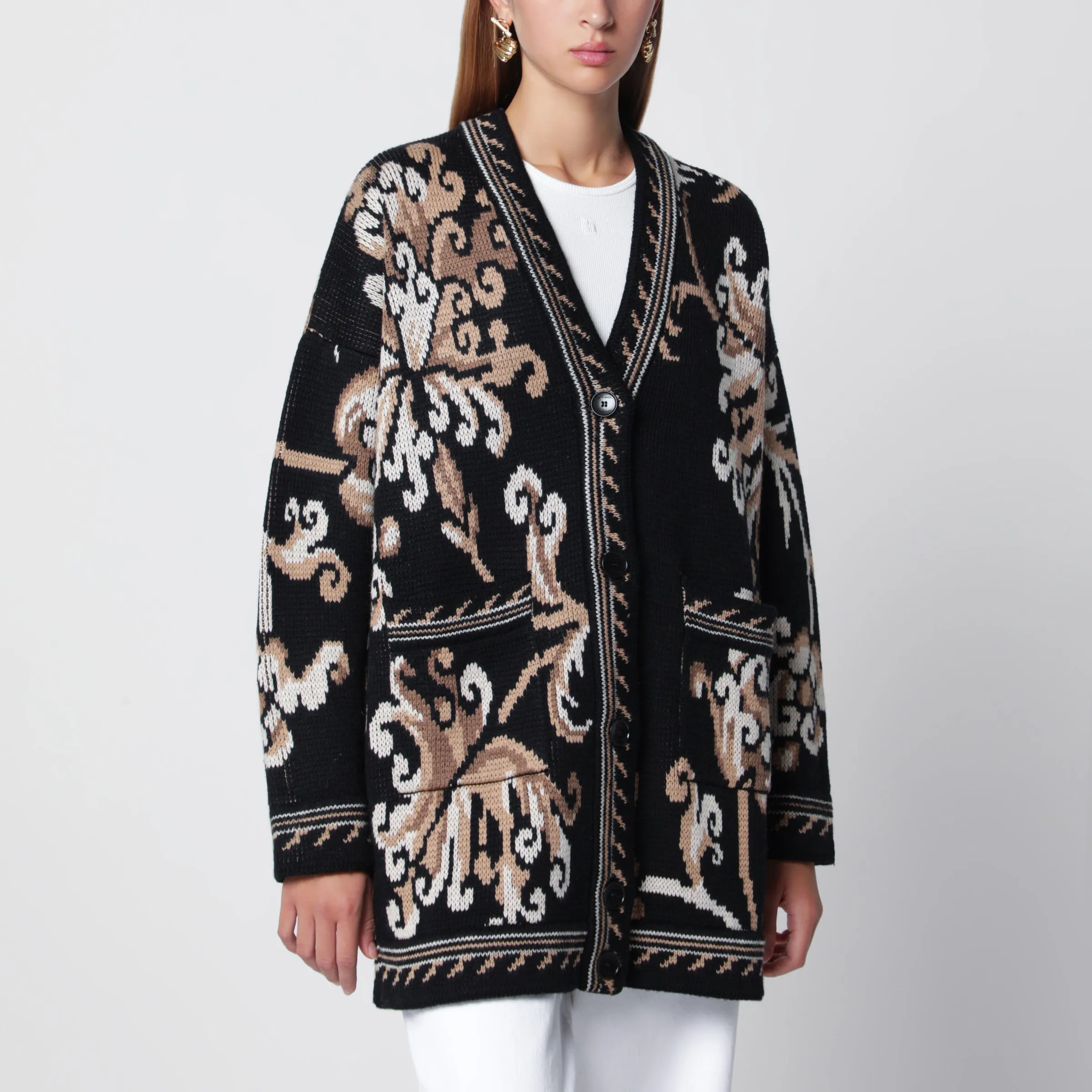 Black Wool Jacquard Cardigan sold by Wanan Luxury