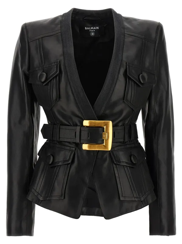 Leather Jacket Puffer Jackets Black made by Balmain