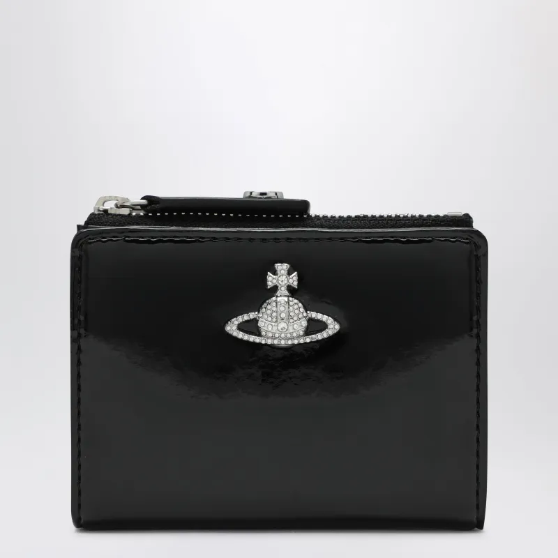Black Slim Flap Card Holder With Crystal-Embellished Orb Bas Relief made by Vivienne Westwood