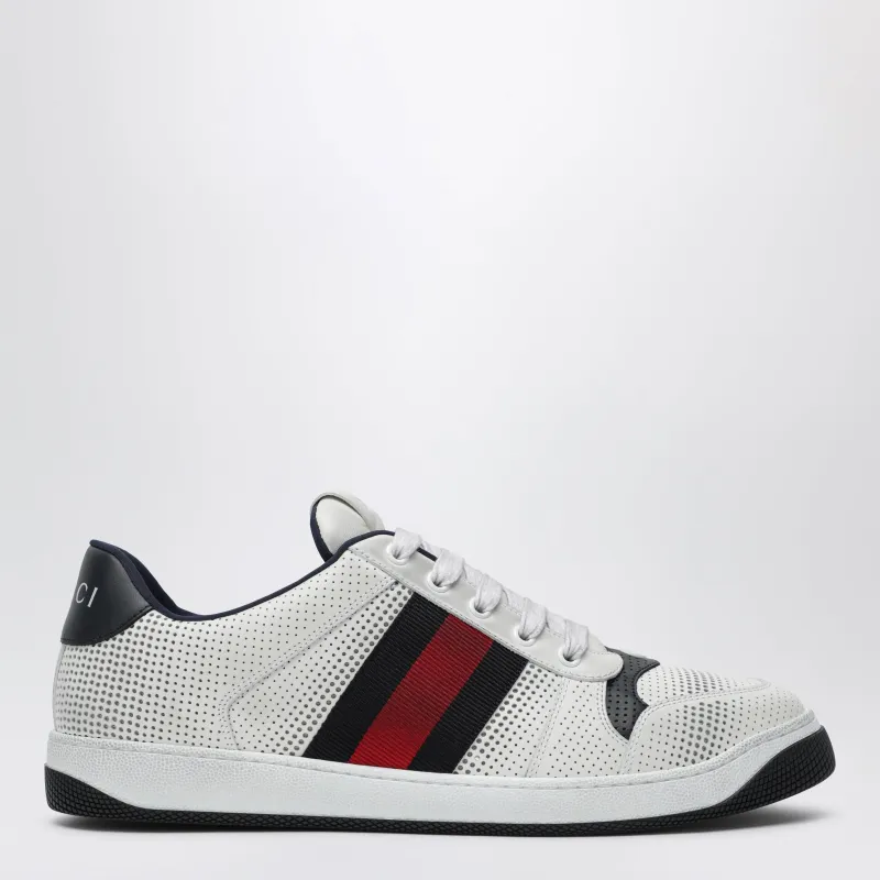 White/Blue Perforated Leather Screener Sneakers made by Gucci