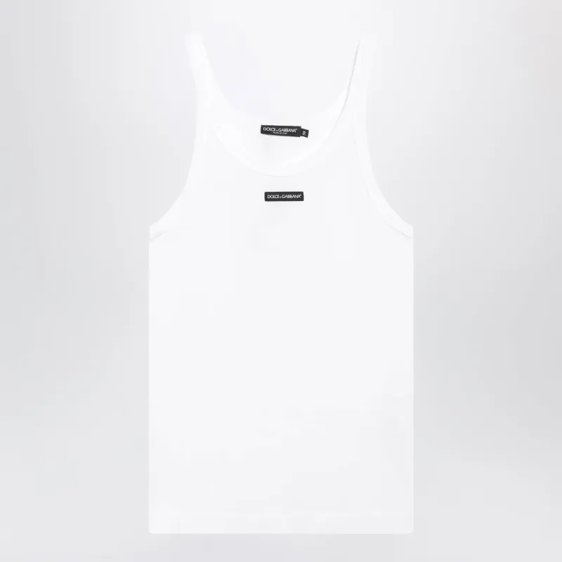 White Ribbed Cotton Tank Top With Logo Patch made by Dolce & Gabanna