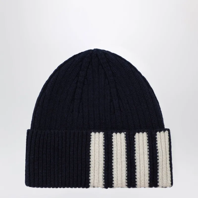 Navy Blue Ribbed Cashmere Beanie made by Thom Browne