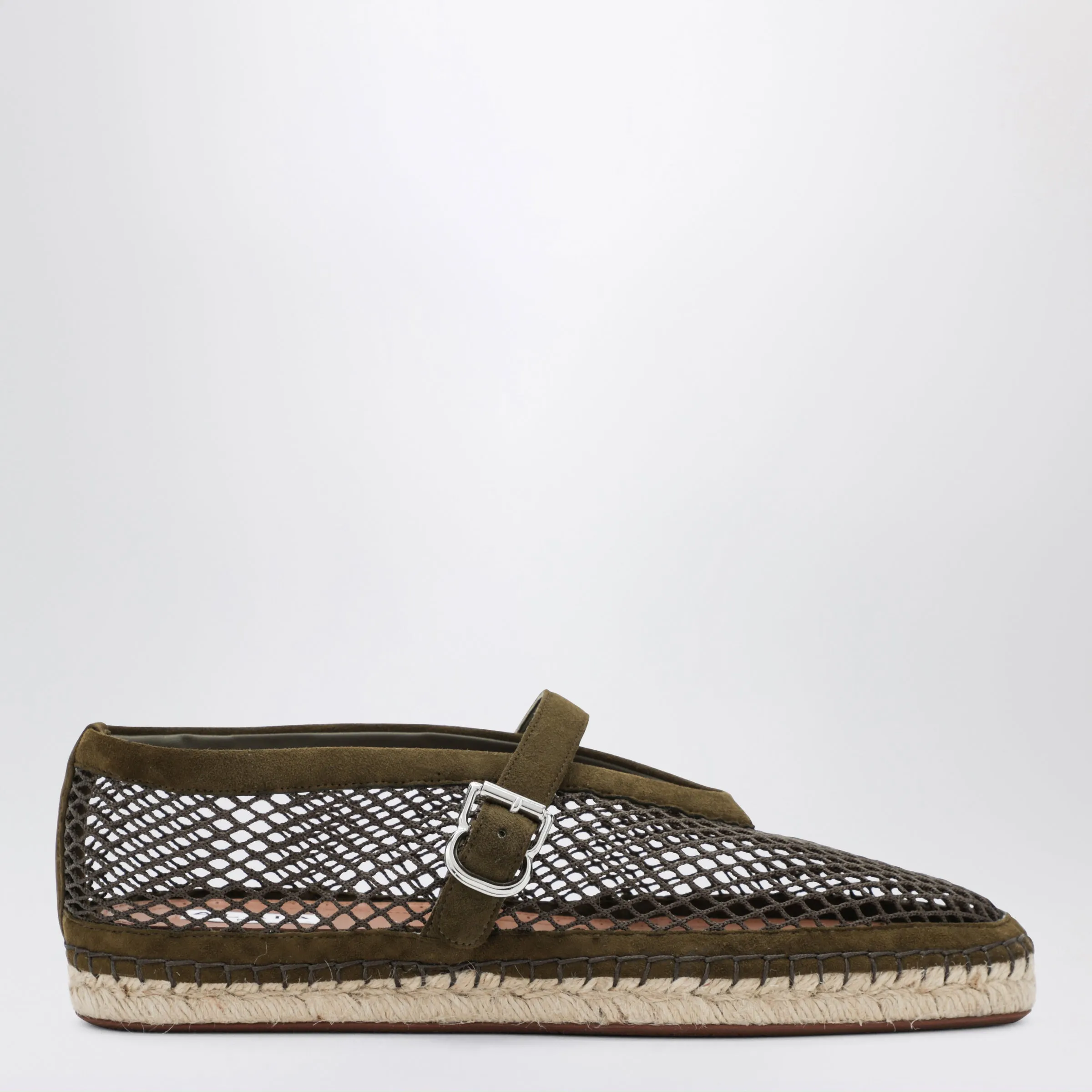 Flat Espadrilles In Mesh And Suede, Camouflage Green sold by Wanan Luxury