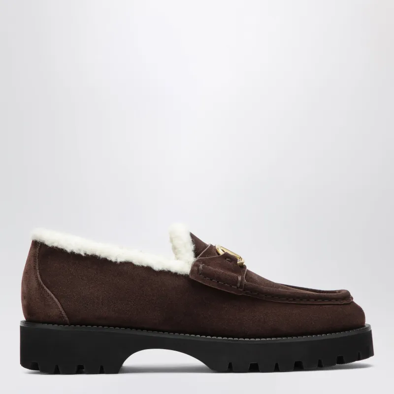 Brown V Logo Loafers In Suede With Shearling made by Valentino Garavani