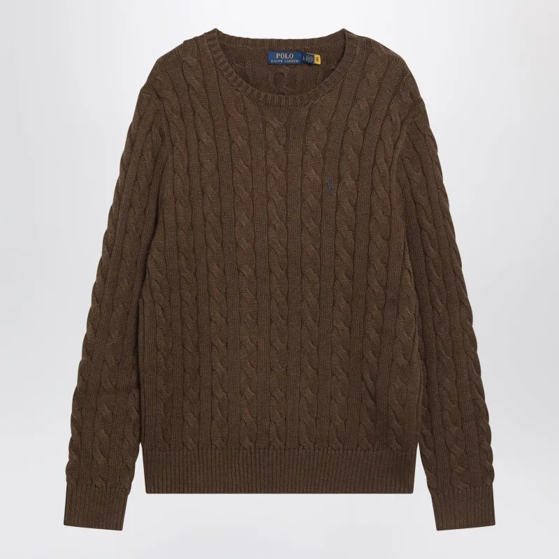 Brown Cable-Knit Cotton Crewneck Sweater made by Polo by Ralph Lauren