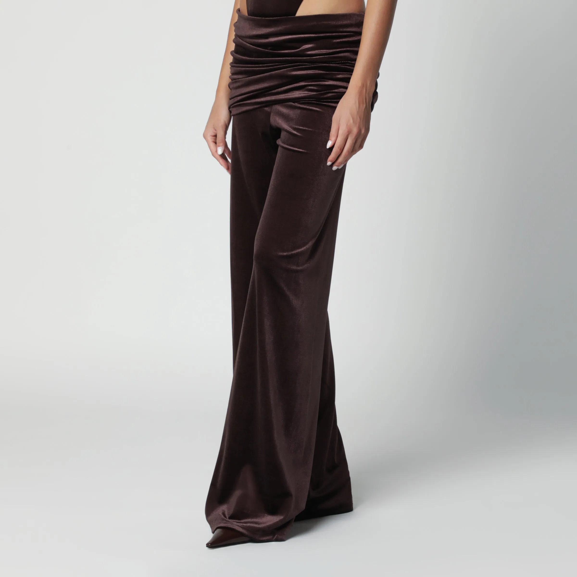 Brown Velvet-Effect Trousers With Draped Waistband sold by Wanan Luxury product image thumbnail 3