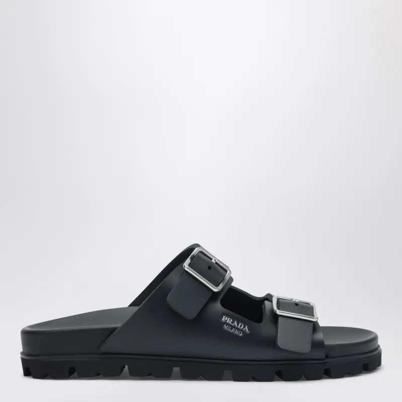 Black Leather Slider Sandals made by Prada